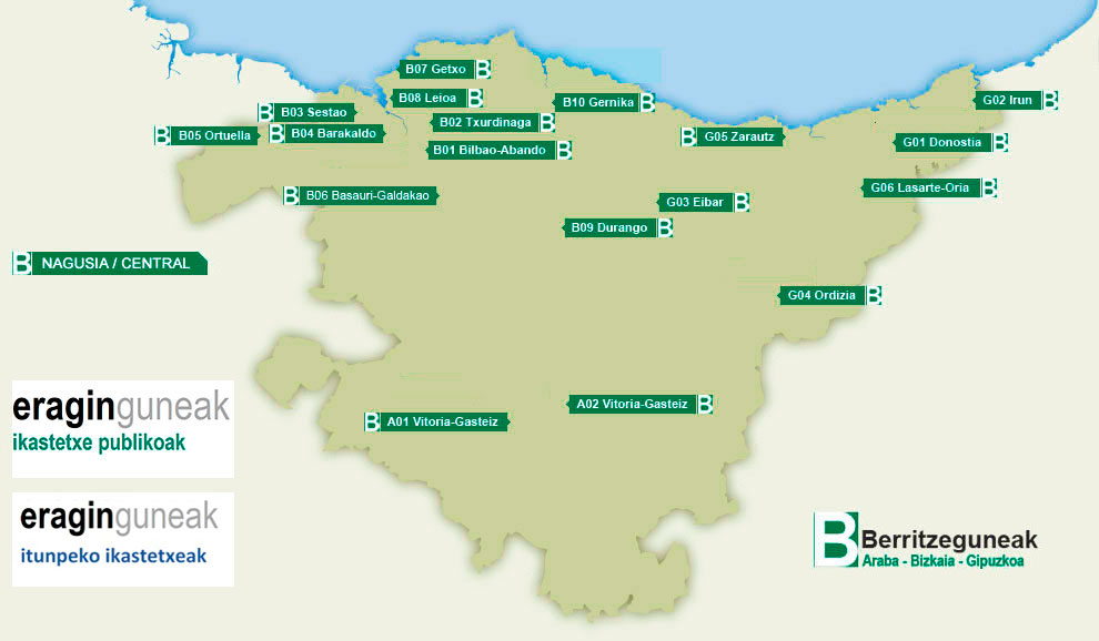 Mapa con los berritzegunes e ingurugelas de Euskadi